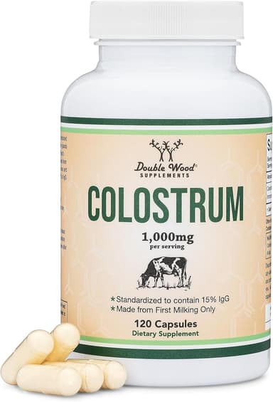 Colostrum Supplement 120 Capsules, 1,000mg per Serving (Bovine Colostrum Powder from First Milking Only, Std. to Contain 15% IgG Immunoglobulins) No Fillers, Third Party Tested by Double Wood - Image 1