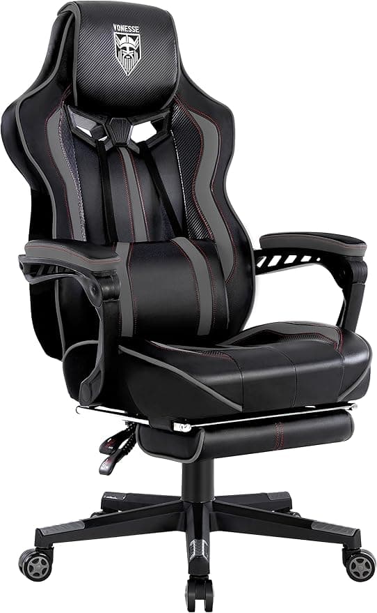 Vonesse Gaming Chair, Computer Office Chair with Footrest,Reclining Gaming Chairs for Adults, Big and Tall Ergonomic Gaming Chair with Lumbar Support (Gray/Black - Image 1