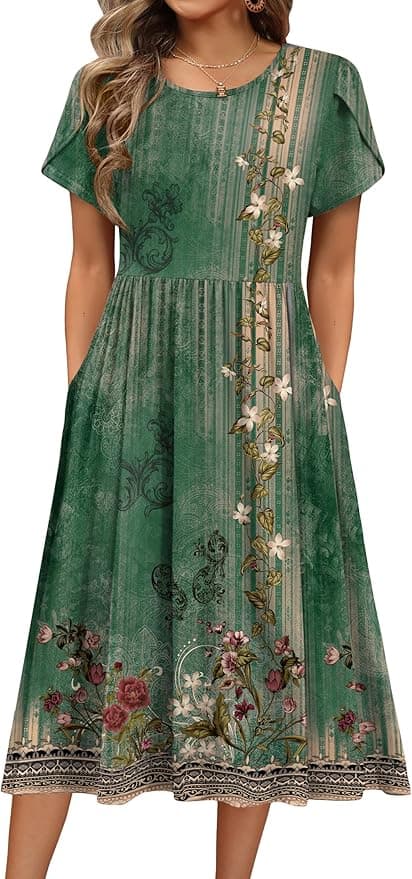 HOTOUCH Women's Summer Short Sleeve A-Line Midi Dresses Casual Floral T-Shirt Dress Flowy Beach Sundress with Pockets - Image 1