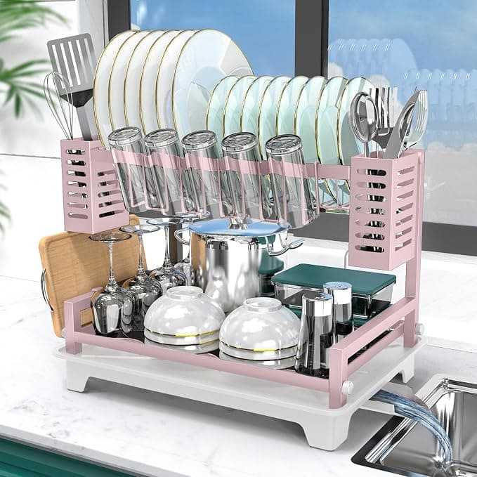 B-Land Dish Drying Rack, 2 Tier Dish Racks for Kitchen Counter, Large Dish Drying Rack with Drainboard & Utensil Holders, Rust-Proof Dish Drainers,Kitchen Organization - Image 1
