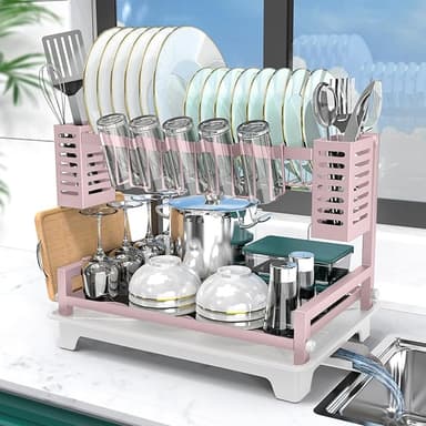B-Land Dish Drying Rack, 2 Tier Dish Racks for Kitchen Counter, Large Dish Drying Rack with Drainboard & Utensil Holders, Rust-Proof Dish Drainers,Kitchen Organization - Image 1