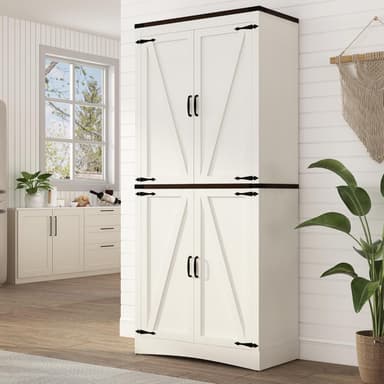 71in Farmhouse Kitchen Pantry Cabinet,Tall Storage Cabinet with 4 Doors and Adjustable shelves,with Load-Bearing Steel Pipe,Wood Storage Cabinets for Kitchen,Dining Room,Bathroom(White - Image 2