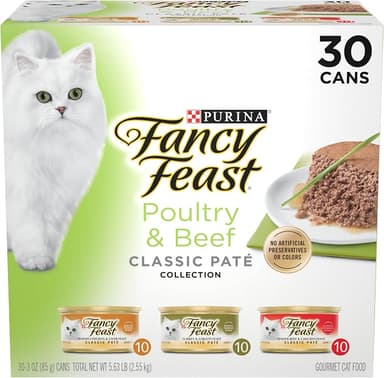 Fancy Feast Poultry and Beef Feast Classic Pate Collection Grain Free Wet Cat Food Variety Pack - (Pack of 30) 3 oz. Cans - Image 1