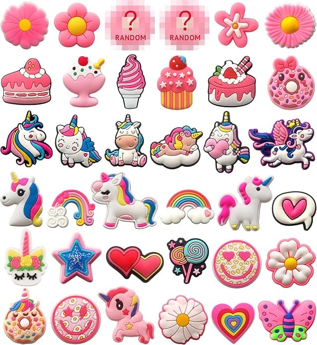 Pink Flower & Unicorn Shoe Charms for Girls, 36 PCS Cute Icecream Shoe Decoration Pins for Clog, Shoe Accessories for Women Party Favor Gifts - Image 1