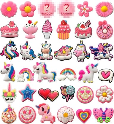 Pink Flower & Unicorn Shoe Charms for Girls, 36 PCS Cute Icecream Shoe Decoration Pins for Clog, Shoe Accessories for Women Party Favor Gifts - Image 1