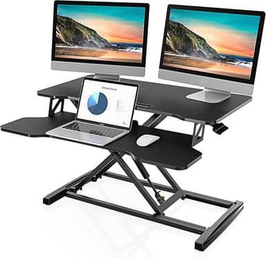 FITUEYES Height Adjustable Standing Desk 32” Wide Sit to Stand Converter Stand Up Desk Tabletop Workstation for Dual Monitor Riser FSD308001WB - Image 2