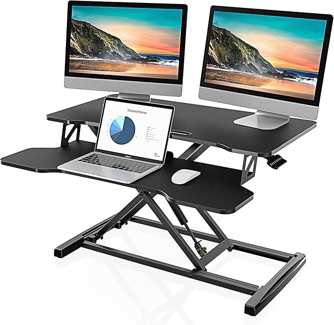 FITUEYES Height Adjustable Standing Desk 32” Wide Sit to Stand Converter Stand Up Desk Tabletop Workstation for Dual Monitor Riser FSD308001WB - Image 1