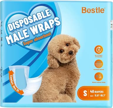 Male Dog Wrap, Disposable Dog Diapers, 40 Count, S (Waist 16.5”-19.7”), Wetness Indicator, Ultra Protection, Leak Proof, Super Absorbent, Soft - Image 1