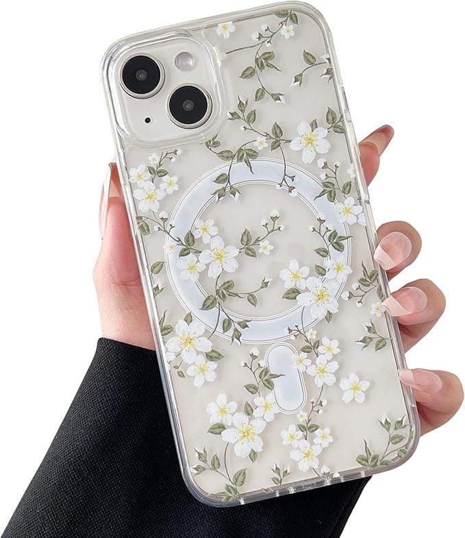 ZTOFERA for iPhone 13/14 Magnetic Case Compatible with Magsafe,Aesthetic Floral Pattern Design Cute for Girl Women,Anti-Drop Protective Hard Phone Cover for iPhone 13/14-Big White Flower - Image 1