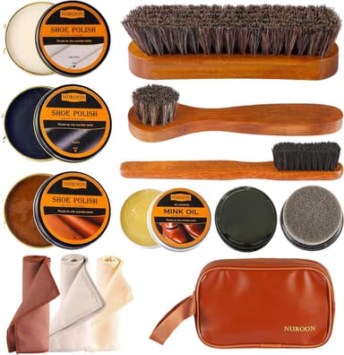 13Pcs Polish Kit for Men & Women - 3 Horsehair Brushes, Black Brown Neutral Mink Oil for Shoes, Boots Shine Care Kit - Image 2