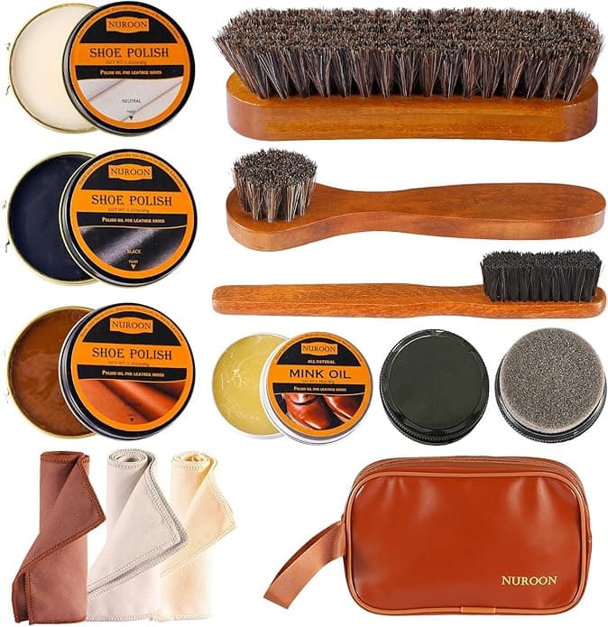 13Pcs Polish Kit for Men & Women - 3 Horsehair Brushes, Black Brown Neutral Mink Oil for Shoes, Boots Shine Care Kit - Image 1