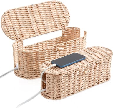 FairyHaus Cable Management Box 2Pack Cream, Handwoven Large and Small Cable Organizer Box Cover to Hide Cords and Power Strip, Imitation Wicker Cord Organizer Box Hider for Office Desk and Floor - Image 2