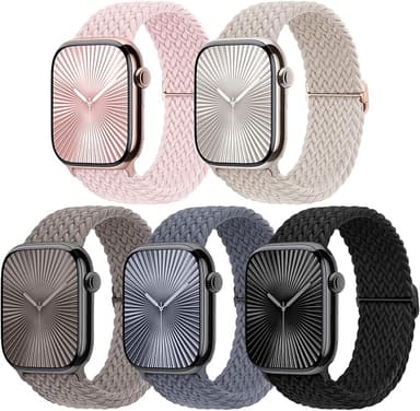 5 Pack Braided Stretchy Bands Compatible with Apple Watch Bands Women Men 38mm 40mm 41mm 42mm 44mm 45mm 46mm 49mm,Nylon Solo Loop Elastic Straps Cloth Wristbands for iWatch All Series 1-10 SE Ultra - Image 1