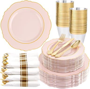Liacere 350PCS Pink Plates Disposable - Pink and Gold Plates 50guest Baroque Plastic Dinnerware include 100Plates, 50Pack Pre Rolled Napkins with Silverware 50Cups Perfect for Wedding＆Mother's Day - Image 2