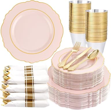 Liacere 350PCS Pink Plates Disposable - Pink and Gold Plates 50guest Baroque Plastic Dinnerware include 100Plates, 50Pack Pre Rolled Napkins with Silverware 50Cups Perfect for Wedding＆Mother's Day - Image 1