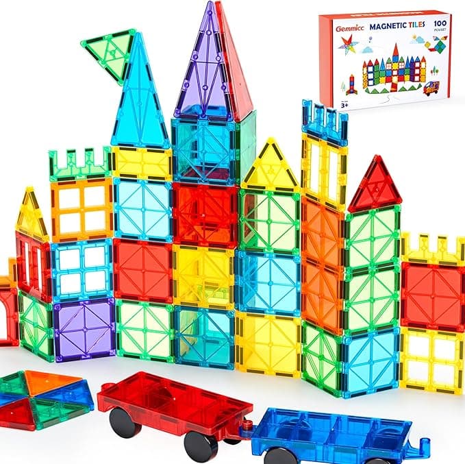 Gemmicc 100 PCS Magnetic Tiles with 2 Cars, STEM Approved Educational Magnet BuildingToys, Magnet Puzzles Stacking Blocks for Boys Girls - Image 1