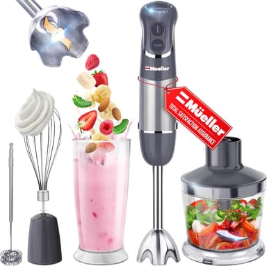 Mueller Multistick 5-in-1 Immersion Blender Handheld,12 Speed Hand Mixer-Turbo Boost,Heaviest Duty Copper Motor,Titanium reinforced Blades Hand Blender,Milk Frother Wand,Whisk,Beaker,Chopper,Grey - Image 2