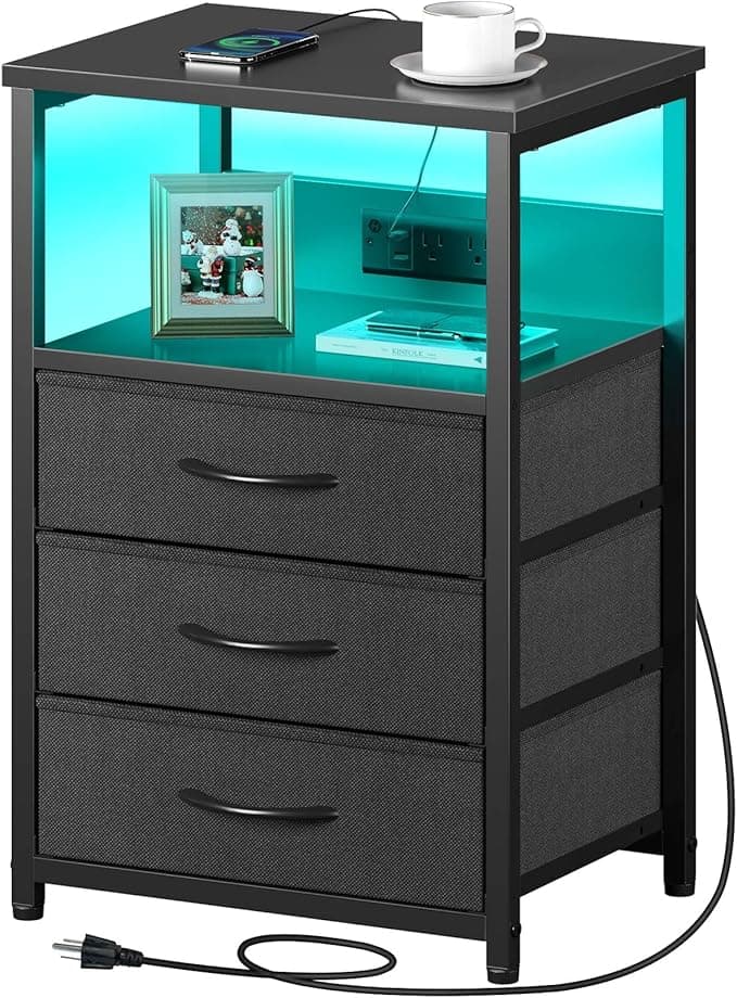 Seventable Nightstand with Charging Station and LED Light, Side Table with 3 Fabric Drawers, Bedside End Table with USB Ports and Outlets, Night Stand for Bedroom, Black - Image 1