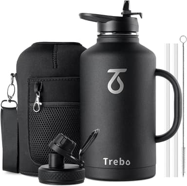 Trebo 64 oz Water Bottle Insulated with Handle, Half Gallon Stainless Steel Metal Large Water Jug, Travel Flask with Straw Spout Lid, Wide Mouth Mug with Carry Pouch, Keep Cold Hot, Black - Image 2
