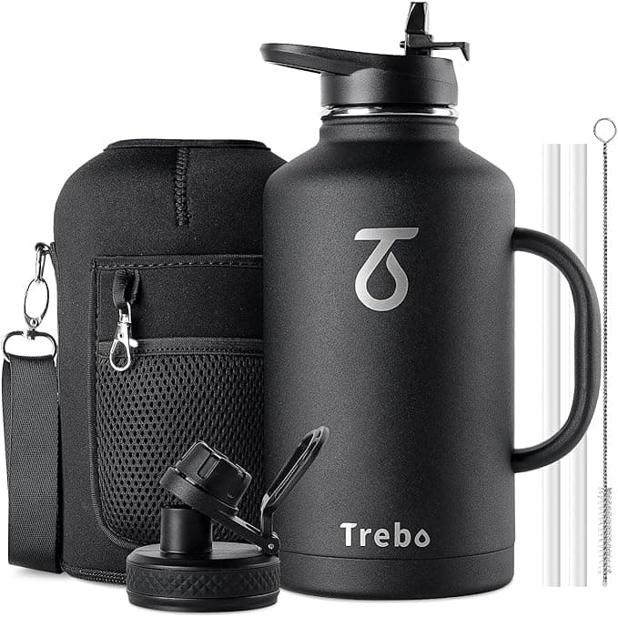 Trebo 64 oz Water Bottle Insulated with Handle, Half Gallon Stainless Steel Metal Large Water Jug, Travel Flask with Straw Spout Lid, Wide Mouth Mug with Carry Pouch, Keep Cold Hot, Black - Image 1