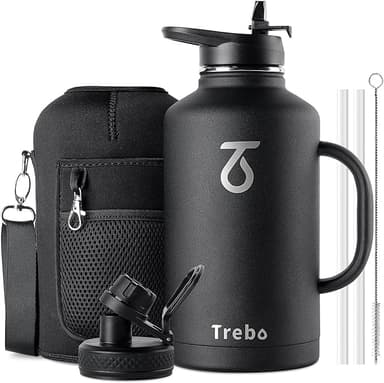 Trebo 64 oz Water Bottle Insulated with Handle, Half Gallon Stainless Steel Metal Large Water Jug, Travel Flask with Straw Spout Lid, Wide Mouth Mug with Carry Pouch, Keep Cold Hot, Black - Image 1