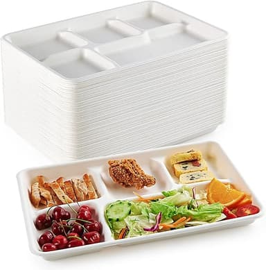 ECOLipak 100% Compostable 5 Compartment Plates, 100 Pack Disposable Compartment Paper Plates, 12.5 * 8.6 inch Biodegradable Sugarcane Plates, Eco-Friendly School Lunch Trays - Image 1