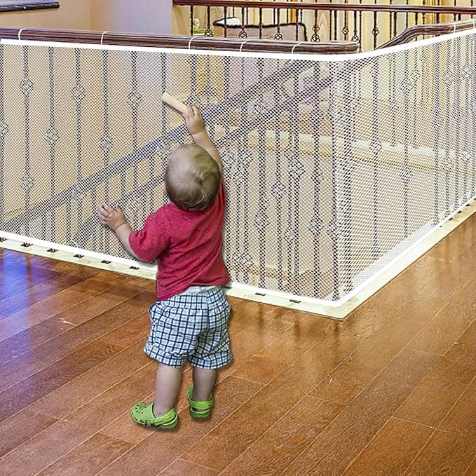 JIFTOK Baby Gate for Stairs, Banister Guard for Kids, Pets, Toys, 15ft L x 2.66 ft H, Mesh Netting Safety Net for Balcony Rail Stair, Stairway Net Baby Safety Products for Indoor & Outdoor (White - Image 1