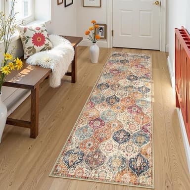 Lahome Moroccan Trellis Washable Runner Rug, 2x6 Kitchen Runners for Hallways 6 Feet Non Slip, Vintage Laundry Room Rug Ultra-Thin Long Carpet for Bathroom Bedroom Entryway, Cream/Multi - Image 1