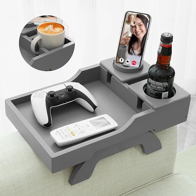 Couch Cup Holder, 4-in-1 Side Couch Arm Tray with Phone Holder, Sofa Clip on Side Table for Wide Couches Arm, Suitable for Home Drinks/Remote/Snacks-Grey