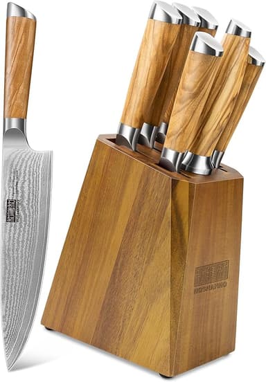HOSHANHO Knife Set with Block 7-Piece, Professional 67-layer Damascus Super Steel Kitchen Knife Sets for Cooking, Ultra Sharp Knife Set with Sharpener - Image 1