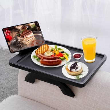 SINWANT Couch Armrest Table, Large Bamboo Couch Arm Table 360° Phone Holder,Foldable Sofa Arm Tray for Eating Drinking Snacks Remote on Chair Armrest - Image 2