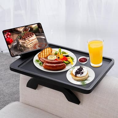 SINWANT Couch Armrest Table, Large Bamboo Couch Arm Table 360° Phone Holder,Foldable Sofa Arm Tray for Eating Drinking Snacks Remote on Chair Armrest - Image 1