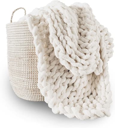 Adyrescia Chunky Knit Blanket Throw | 100% Hand Knit with Jumbo Chenille Yarn (50"x60", Cream White - Image 2