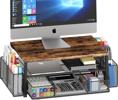 Desk Organizers and Accessories, 2-Tier Computer Monitor Stand Riser with Drawer and 2 Pen Holders, Laptop Stand, Office Desk Accessories for Office Supplies, Brown - Image 2