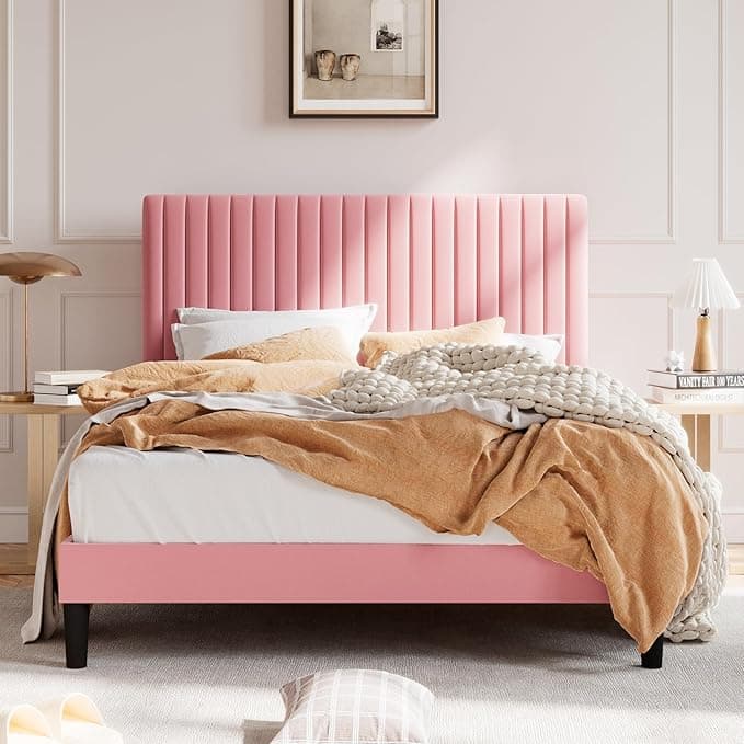 SHA CERLIN Full Upholstered Platform Bed Frame with Adjustable Headboard/Vertical Channel Tufted Velvet Fabric/Wooden Slats Support/Mattress Foundation/Box Spring Optional/Pink - Image 1