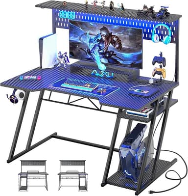 Armocity Gaming Computer Desk with Shelves and Outlets, Gaming Desk with Hutch and LED Lights, Reversible PC Gaming Desks with Pegboard, Carbon Fiber Black 47'' - Image 1