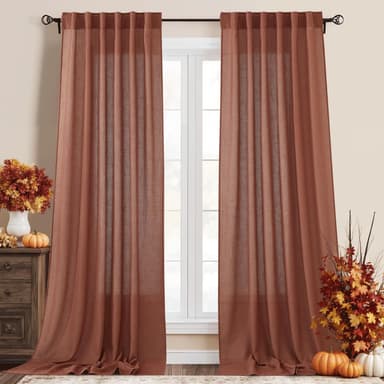 RYB HOME Faux Linen Curtains 102 inches Long, Elegant Textured Sheer Drapes Boho Window Decor for Balcony Living Room Dining Room, 52 Wide x 102 inches Long, Terracotta, 2 Pcs - Image 2