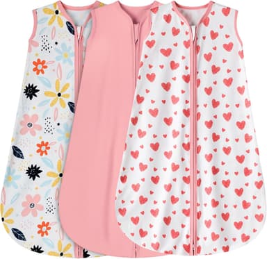 3 Pack Baby Sleep Sack 0-6 Months 100% Rayon Cotton Baby Sleeping Bag 2-Way Zipper Toddler Wearable Blankets Comfy Stretchy Lightweight TOG 0.3 （Heart&Pink&Floral） - Image 2
