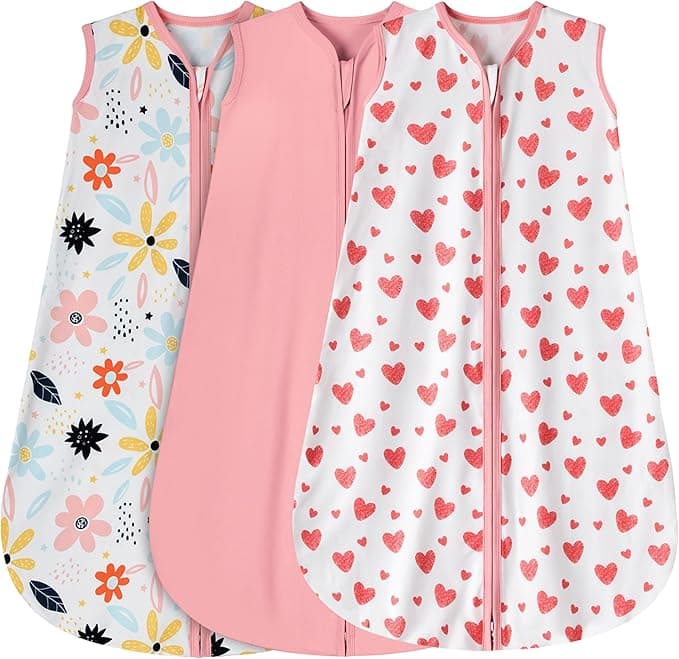 3 Pack Baby Sleep Sack 0-6 Months 100% Rayon Cotton Baby Sleeping Bag 2-Way Zipper Toddler Wearable Blankets Comfy Stretchy Lightweight TOG 0.3 （Heart&Pink&Floral） - Image 1