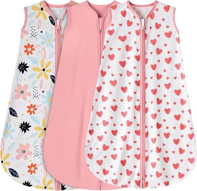 3 Pack Baby Sleep Sack 0-6 Months 100% Rayon Cotton Baby Sleeping Bag 2-Way Zipper Toddler Wearable Blankets Comfy Stretchy Lightweight TOG 0.3 （Heart&Pink&Floral） - Image 1