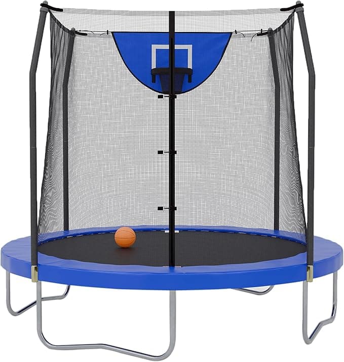 Skywalker Trampoline Outdoor 8 FT, 12 FT, 15 FT Jump N’ Dunk Round Outdoor Trampoline with Net, Trampoline Mat, and Basketball Hoop for Trampoline - Image 1