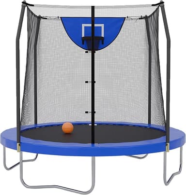 Skywalker Trampoline Outdoor 8 FT, 12 FT, 15 FT Jump N’ Dunk Round Outdoor Trampoline with Net, Trampoline Mat, and Basketball Hoop for Trampoline - Image 1