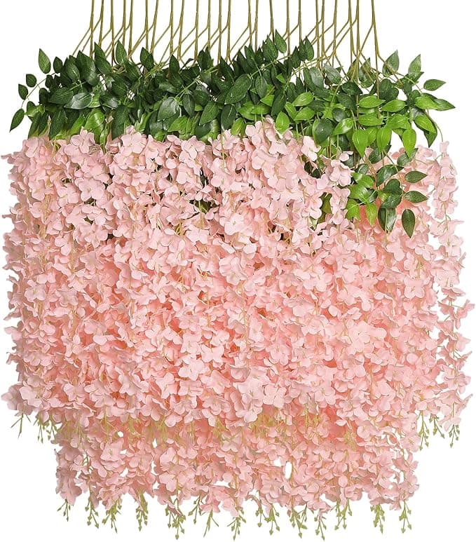 Pauwer Wisteria Hanging Flowers 24 Pack Fake Flower Garland Artificial Wisteria Vines Rattan Silk Flower String Wedding Party Wall Decorations,Blush Pink - Image 1