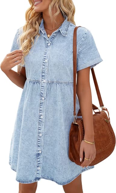 LookbookStore Women's Short Sleeve Button Down Flowy Tiered Babydoll Denim Dress - Image 2