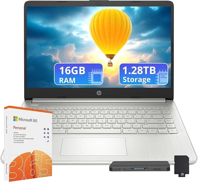 HP Flagship 14" Laptop with 1 Year Office 365 | 16GB RAM | 1.28TB Storage (128GB eMMC+160GB Docking Station+1TB Cloud Storage) | Intel 4-Core Processor | Webcam, Windows 11, Silver - Image 1