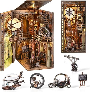 Book Nook Kit, Book Nook Kits for Adults, DIY Miniature Dollhouse Kit 3D Wooden Puzzle Booknook Bookend with LED Light - Image 1