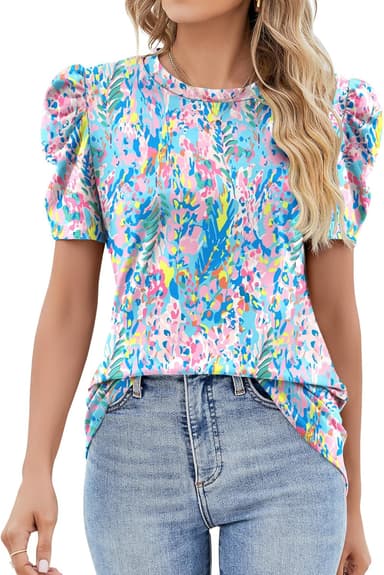 Ivicoer Puff Short Sleeve Shirt for Women Eyelet Tops Summer Crewneck Blouse Loose Fit S-XXL - Image 2