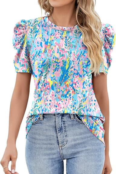Ivicoer Puff Short Sleeve Shirt for Women Eyelet Tops Summer Crewneck Blouse Loose Fit S-XXL - Image 1