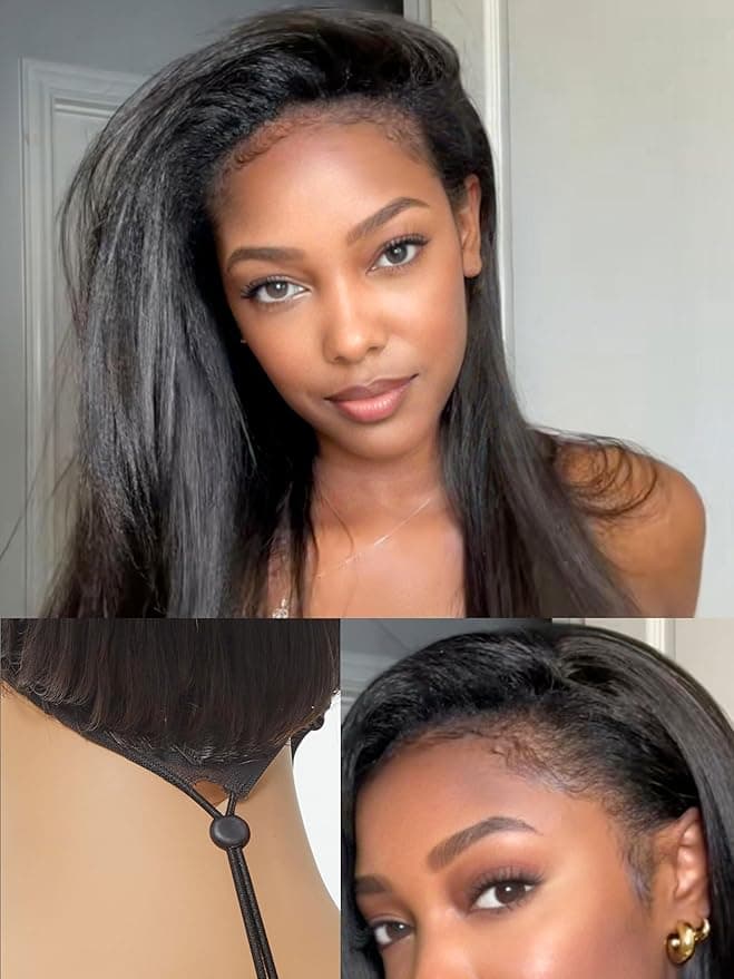 LUVME HAIR Half Wig Yaki Straight Flexi-Fit Invisi 3 in 1 Wigs Flip Drawstring Wig 200% Density Glueless Wigs 100% Human Hair Natural Black Ready to Go Headband Wig for Women 18 Inches - Image 1