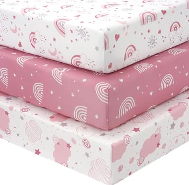 Baby Crib Sheets Girl, 3 Pack Toddler Bed Sheets Fitted for 52”x28” Standard Crib and Toddler Mattresses, Super Soft Microfiber Pink Rainbow - Image 2
